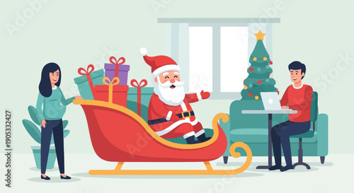 Festive scene with Santa, gifts, tree, and people interacting indoors