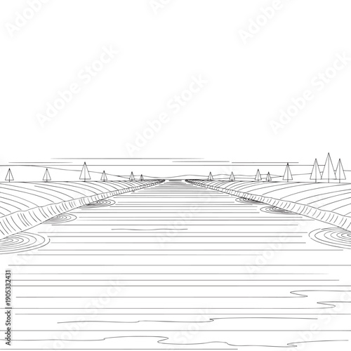 Monochrome landscape featuring a calm river, arched bridge, and slim trees along the banks in a tranquil rural scene.
