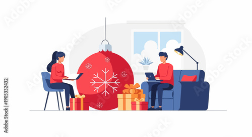 Festive season, two people work remotely with laptops next to large bauble