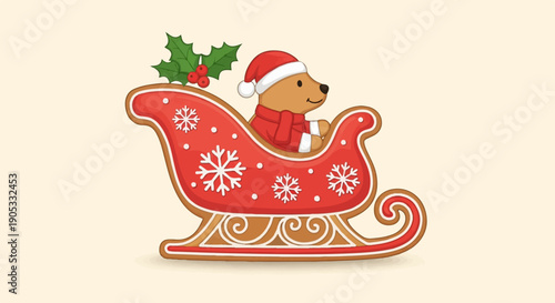 Festive teddy bear in a gingerbread sleigh with holly