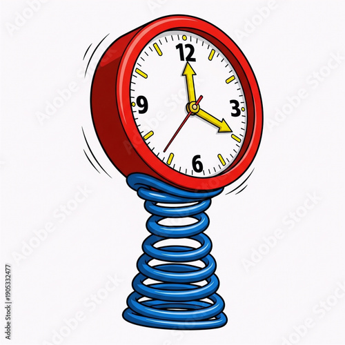 Vibrant illustration of a dynamic clock bouncing on a spring, embodying the urgency of time and impending deadlines