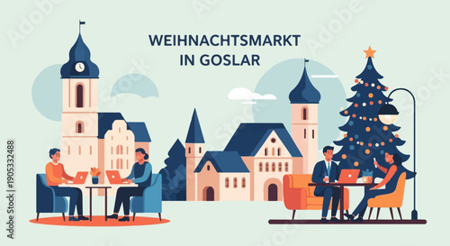 Festive winter scene with people enjoying leisure time in a European town