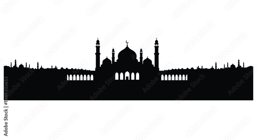 Obraz premium Taj Mahal silhouette with domes and minarets against white background