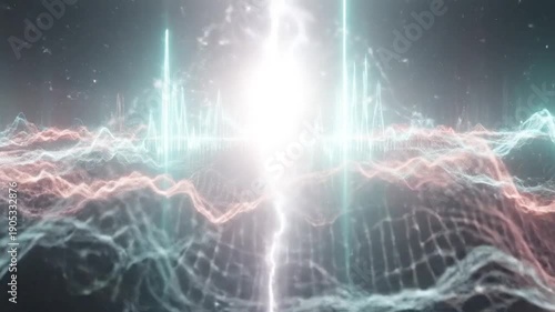 Abstract Glowing Energy Waves and Sound Equalizer in a Digital Landscape.