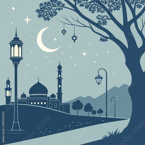 Serene Ramadan Night Sky with Crescent Moon Atmosphere