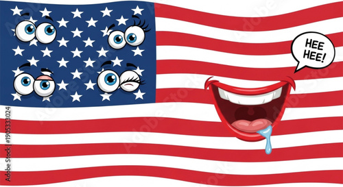 Cartoon american flag with laughing face and expressive eyes patriotic humor concept