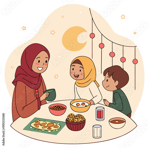 Family Iftar food prepared on dining table, warm gathering.