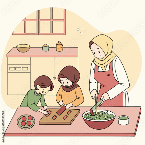 Family preparing Iftar food in kitchen, Ramadan bonding.
