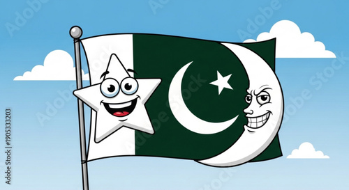 Cartoon pakistani flag with smiling star and crescent moon on green and white background waving in blue sky with clouds