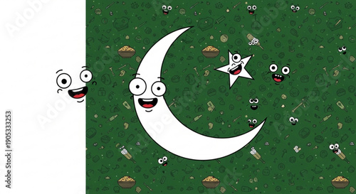 Cartoon moon and star with smiling faces on green background with confetti and debris