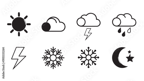 Set of simple black weather and meteorology icons.