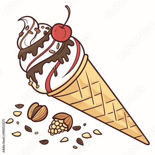 Delicious ice cream sundae with nuts and chocolate toppings