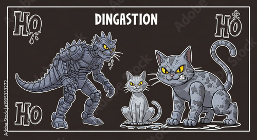 Monstrous creature and two cats dingastion illustration fantasy mythical gray yellow eyes black background