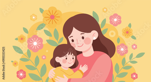 Happy mother's day flat illustration of a loving mother hugging her daughter amidst warm yellow flowers.