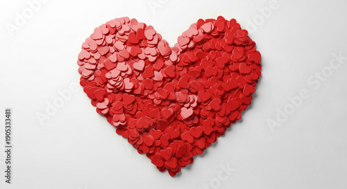 Large red heart shape made of many small hearts in various shades on white background for love and valentine's day concepts