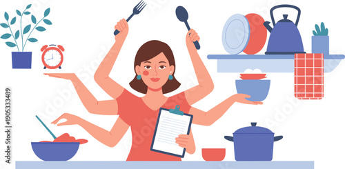 Multitasking woman cooking in kitchen with recipe clipboard, managing household chores, meal preparation, time management, busy lifestyle, home cooking concept, modern flat vector 