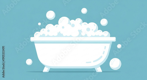 White bathtub filled with soap bubbles on a blue background relaxation cleanliness and hygiene concept bathroom cleanliness serene ambiance