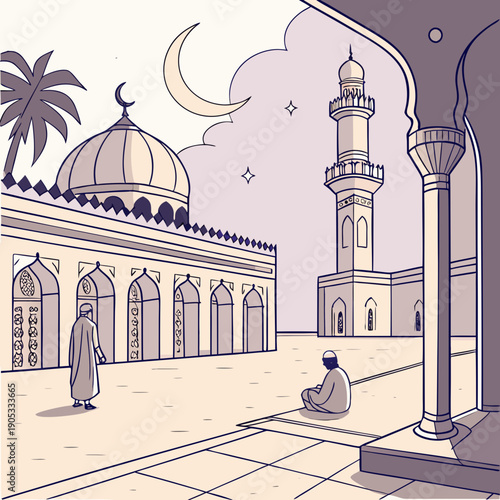 Mosque courtyard during Maghrib time, calm evening.