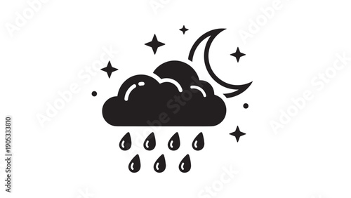 Nighttime rain cloud with moon and stars and falling drops.