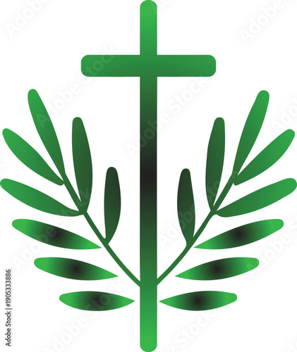 Palm Sunday Gradient Green Cross with Palm Branches Christian Symbol Minimal Vector Illustration for Holy Week Church Design