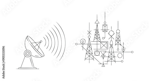 Vector line art satellite dish with signal waves and technical engineering blueprint diagram for website, presentation, or marketing material, Isolated on transparent background, png