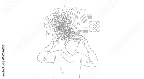 Vector illustration of a person with a chaotic head full of social media icons and symbols, for website or presentation use, isolated on transparent background, png