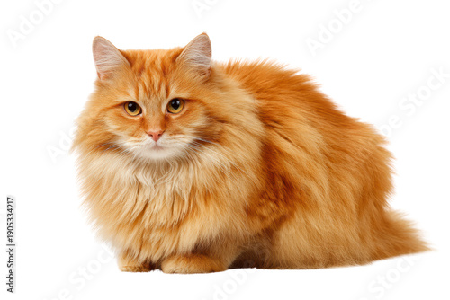 A long haired orange cat is sitting on a white background. The cat has a very fluffy coat and is looking at the camera, png