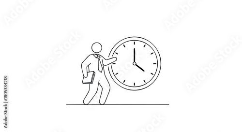 Vector illustration of businessman pushing large clock, symbolizing time management or deadline, for business or productivity concept, isolated on transparent background, png