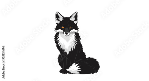 Elegant Black Fox with White Markings Sitting Gracefully.