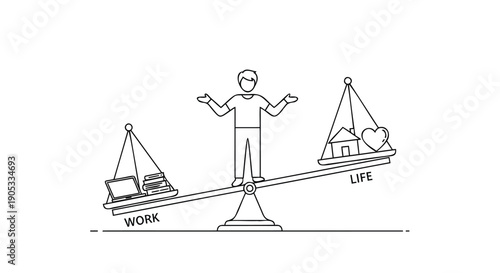 Work-life balance concept, vector illustration of man on seesaw with work and life scales, for presentation, website or social media, Isolated on transparent background, png