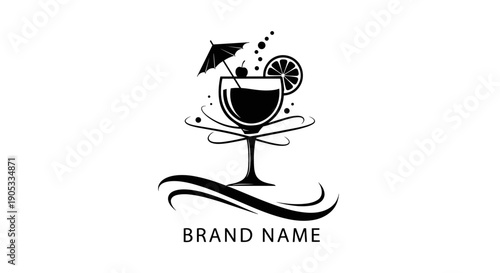 Elegant Cocktail Glass with Umbrella and Lemon Slice Logo.