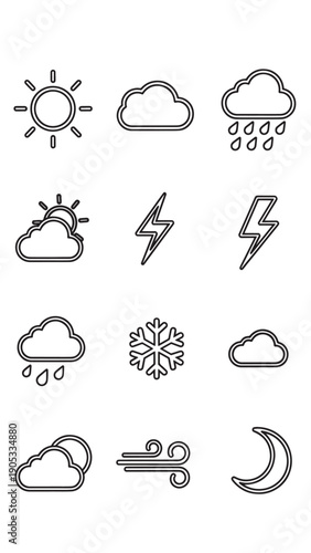 Collection of Weather Icons Representing Sun, Clouds, Rain and Thunderstorms.