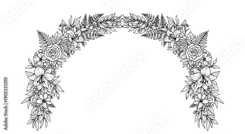 Elegant Floral Archway Illustration with Delicate Flowers and Leaves.