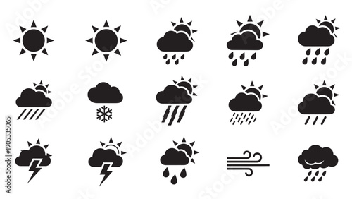 A diverse set of weather icons depicting sunny, cloudy, rainy, stormy, and mixed meteorological symbols in a linear sequence.