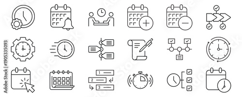 Scheduling icon set. Contains icons related to time and schedule. Outline Icon Collection. Vector illustration. Editable stroke