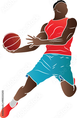 male basketball player with ball about to slam dunk.