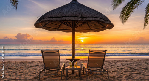 beach chairs with umbrella and sunset