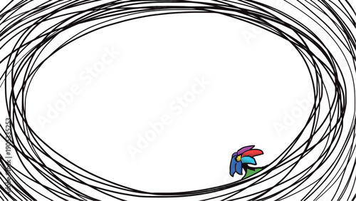 A flower grows on the edge of a striped round frame or window.