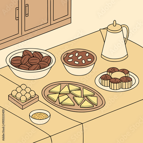 Simple Iftar table setup with traditional dishes, wholesome meal.