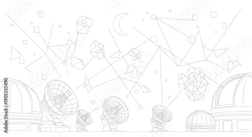 Vector astronomy illustration with observatory buildings, planets, stars, and constellations for science or educational banner