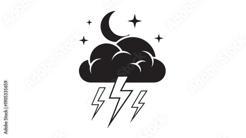 Stylized monochrome night thunderstorm icon with moon and lightning.
