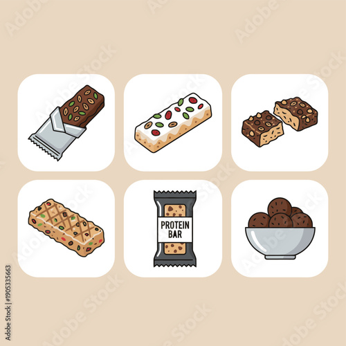 Healthy protein bars and granola snacks vector set with nuts seeds and chocolate for energy fitness and nutrition lifestyle flat illustration