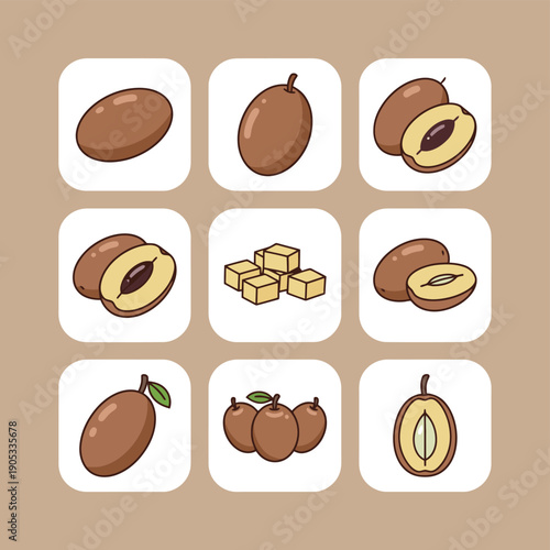 Sapodilla fruit icons set featuring whole sliced and diced pieces for tropical fruit market agriculture and healthy eating concept flat design