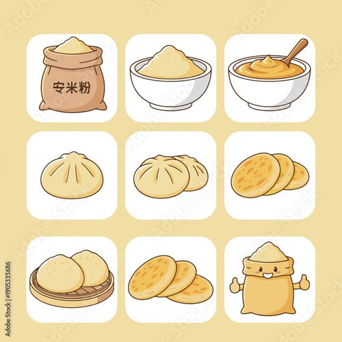 Rice flour sack and traditional chinese steamed bun baozi icons set with dough bowl for bakery culinary and asian food design