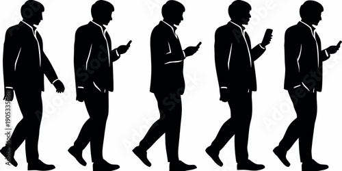 Businessman Walking Using Smartphone Silhouette Vector Set