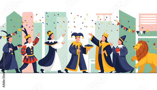 Vibrant Carnival Parade Featuring Royal Figures and Confetti in a Stylized Cityscape Celebration