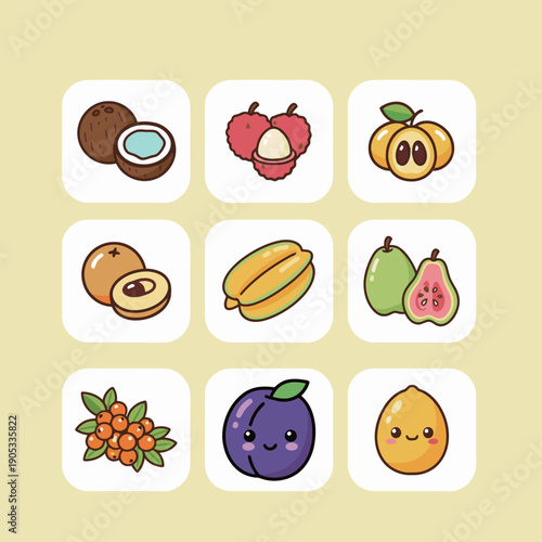 Collection of exotic tropical fruit vector icons including coconut lychee loquat longan starfruit guava sea buckthorn plum and lemon isolated symbols