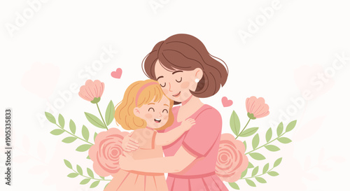 Happy mother's day concept: a loving mother and daughter hugging, illustrated in a sweet pastel pink style.