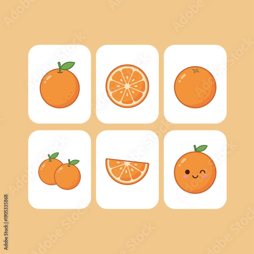 Sweet orange fruit vector illustrations set whole sliced halves and segments fresh citrus source of vitamin c for juice and healthy organic diet icons