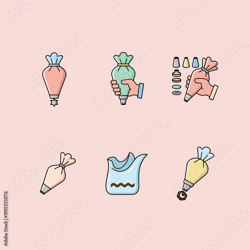 Professional pastry bag with nozzles vector icons set for cake decorating cream piping and bakery tools isolated on light pink background symbols